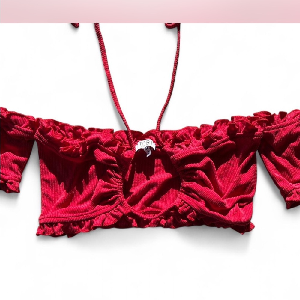 Tobi Red Ruffle Off-Shoulder Top